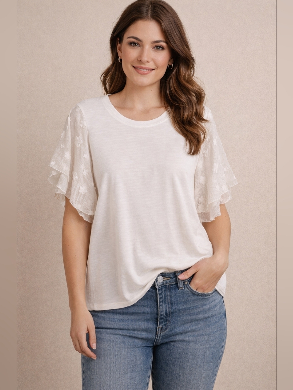 Anthropologie Eri and Ali Romantic White Flutter Lace Sleeve w/flowers -SZL